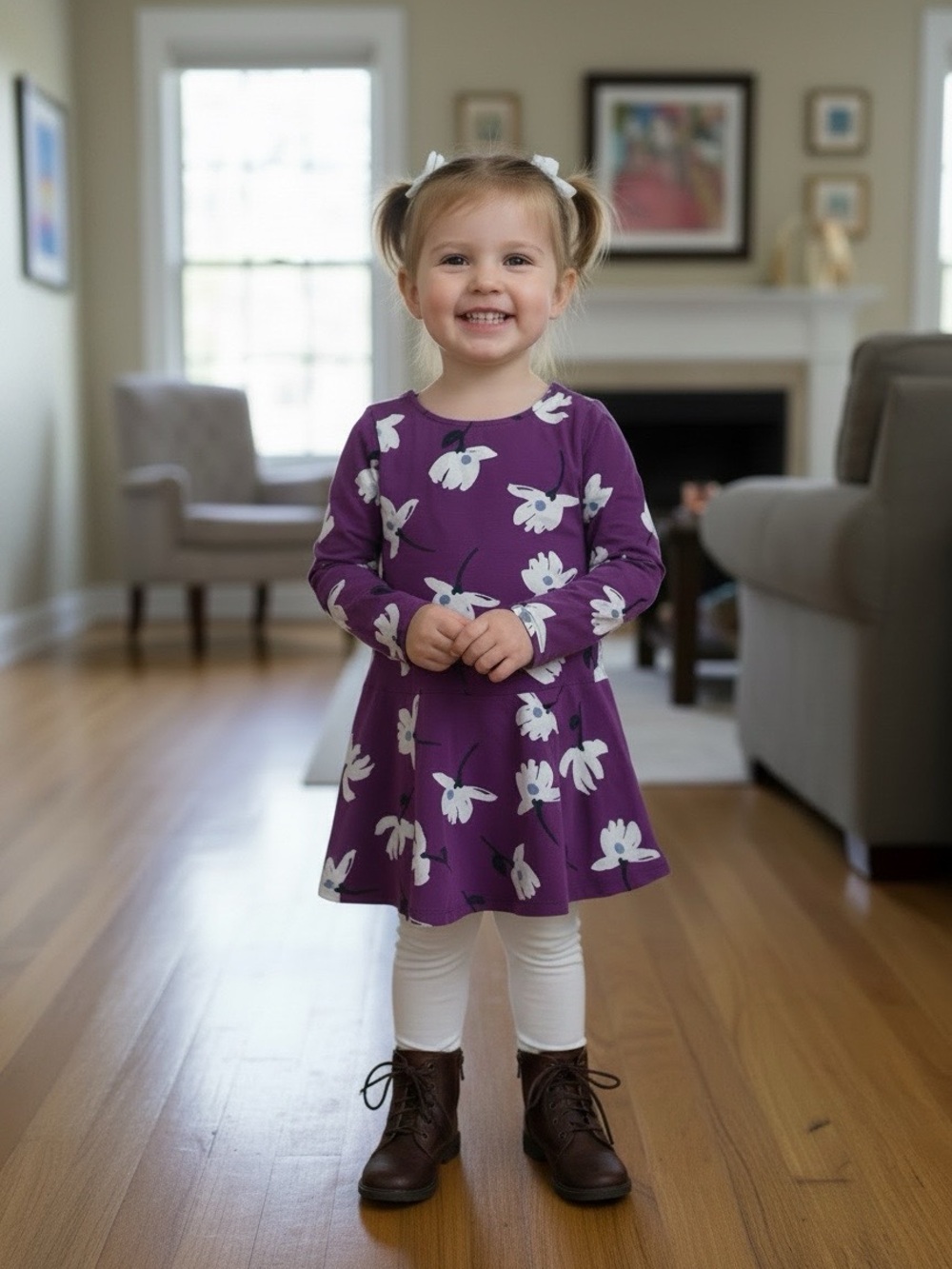 Tea Girls Size 4 Purple Floral Long-Sleeve Twirl Dress